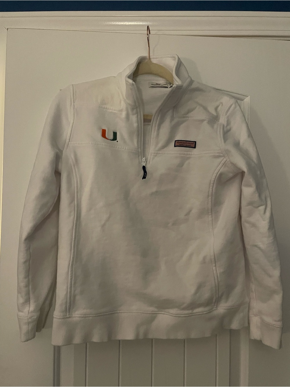 Vineyard Vines White Quarter-Zip Pullover with University of Miami Logo